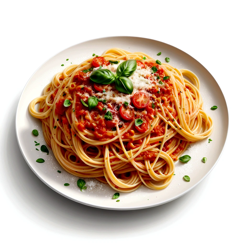 there is a huge extremely delicious spaghetti, illustration, isolated with solid white background, surrounded with negative space, centered compositon, 8k, highly detailed painting, very precise painting, Isolated, clear brilliant white background, perspective angle of view, realistic