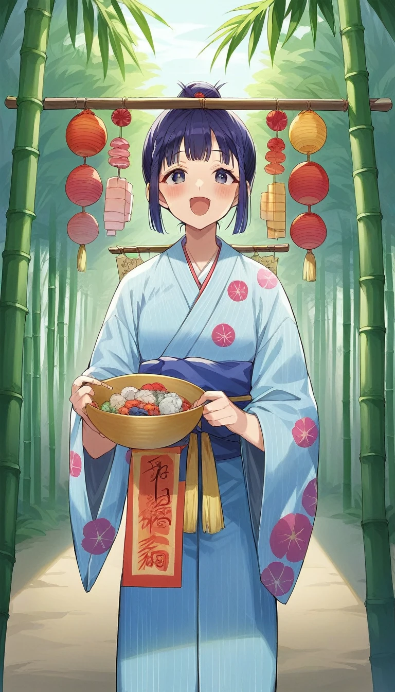 ((a girl in a yukata)),((Tanabata festival, decorated all bamboos:1.37)), ((many colorful strips of paper hanging from the bamboo branches:1.27)), 