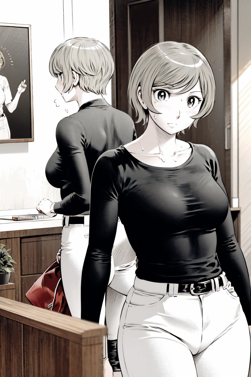 、(masterpiece、Highest quality)、Highest quality, Ultra-high resolution, (((masterpiece))), alone, Sweat、Big eyes,Tight black shirt、Tight white pants、belt、indoor、Composition from the front、（Cut the back hair short、short hair、blonde、woman）、Shortcuts、Embarrassed face、Cut your hair short、可愛いwomanの子、Big Breasts、office
