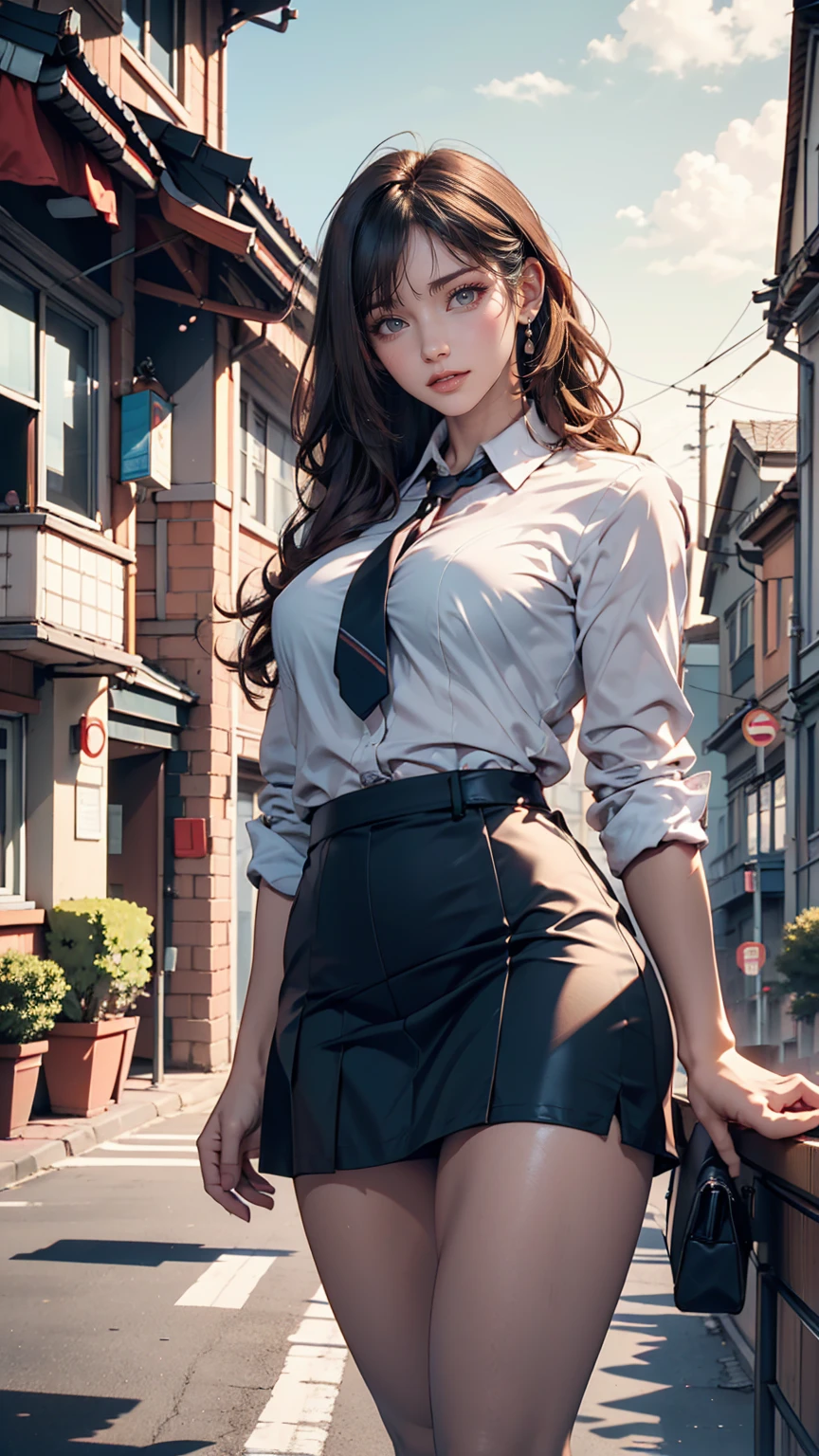 Highest quality, masterpiece, Ultra-high resolution, (Reality: 1.4), Original photo, One girl, mature, White, see-through JK uniform, Cinema Lighting、Sexy proportions、Sexy、Narrow waist、Tight body、Long, slender limbini skirt、barefoot、School rooftop、Residential Street View、Schoolyard view