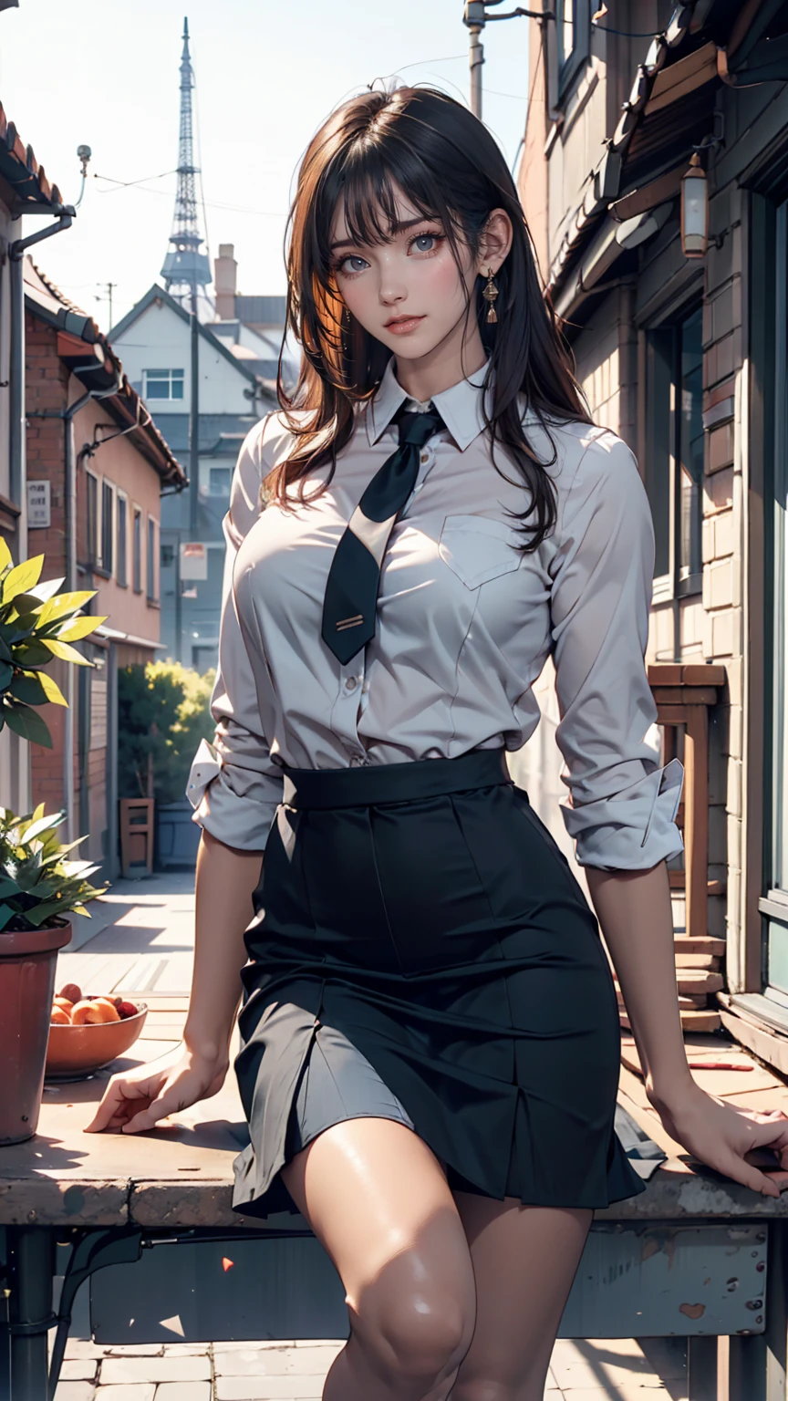 Highest quality, masterpiece, Ultra-high resolution, (Reality: 1.4), Original photo, One girl, mature, White, see-through JK uniform, Cinema Lighting、Sexy proportions、Sexy、Narrow waist、Tight body、Long, slender limbini skirt、barefoot、School rooftop、Residential Street View、Schoolyard view