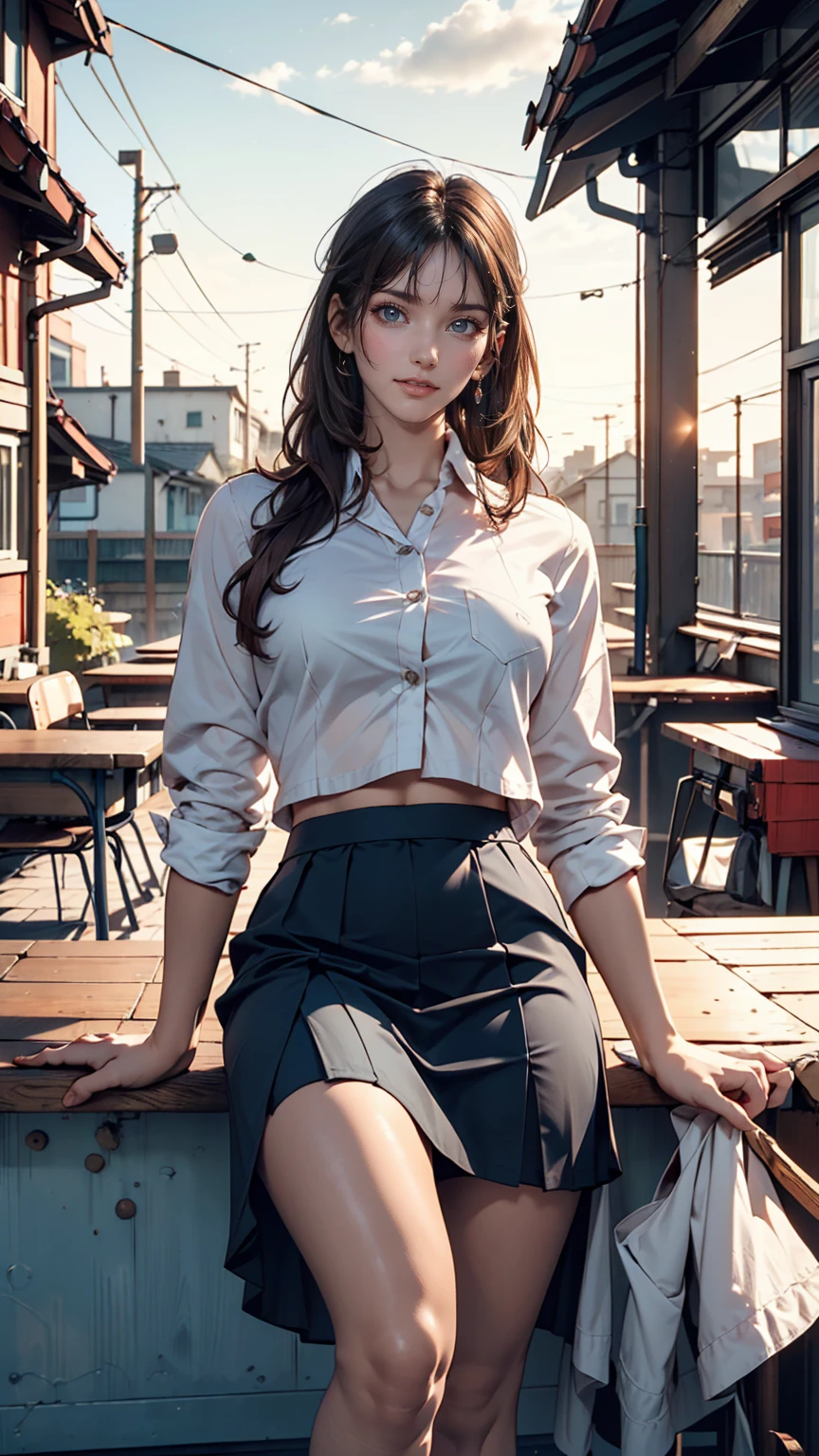 Highest quality, masterpiece, Ultra-high resolution, (Reality: 1.4), Original photo, One girl, mature, White, see-through JK uniform, Cinema Lighting、Sexy proportions、Sexy、Narrow waist、Tight body、Long, slender limbini skirt、barefoot、School rooftop、Residential Street View、Schoolyard view