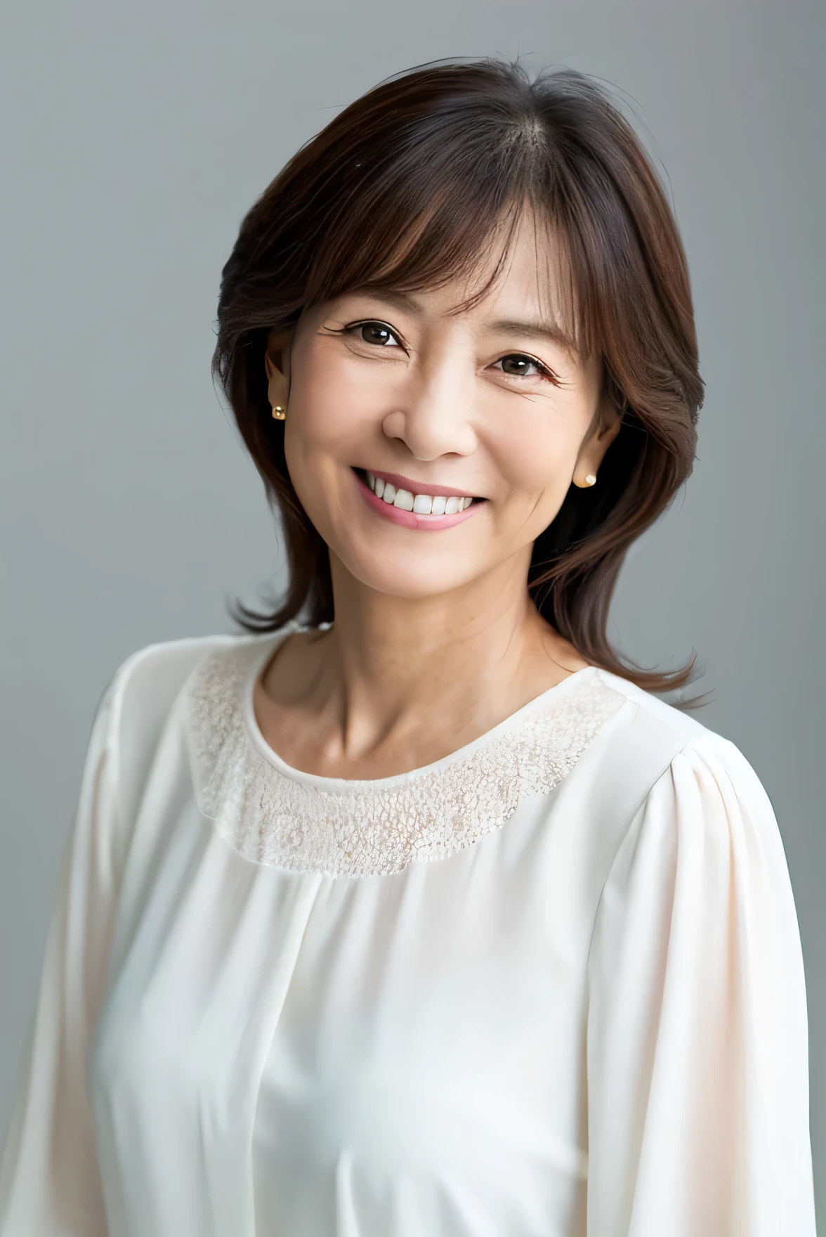 50-year-old women,smile,White blouse,Japanese,Gray background