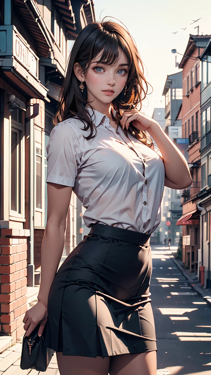 Highest quality, masterpiece, Ultra-high resolution, (Reality: 1.4), Original photo, One girl, mature, White, see-through JK uniform, Cinema Lighting、Sexy proportions、Sexy、Narrow waist、Tight body、Long, slender limbini skirt、barefoot、School rooftop、Residential Street View、Schoolyard view