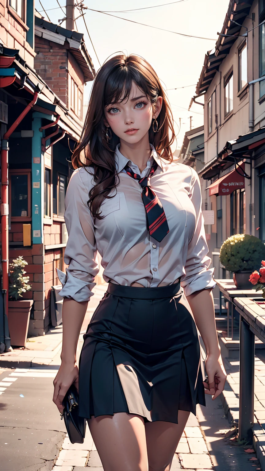 Highest quality, masterpiece, Ultra-high resolution, (Reality: 1.4), Original photo, One girl, mature, White, see-through JK uniform, Cinema Lighting、Sexy proportions、Sexy、Narrow waist、Tight body、Long, slender limbini skirt、barefoot、School rooftop、Residential Street View、Schoolyard view