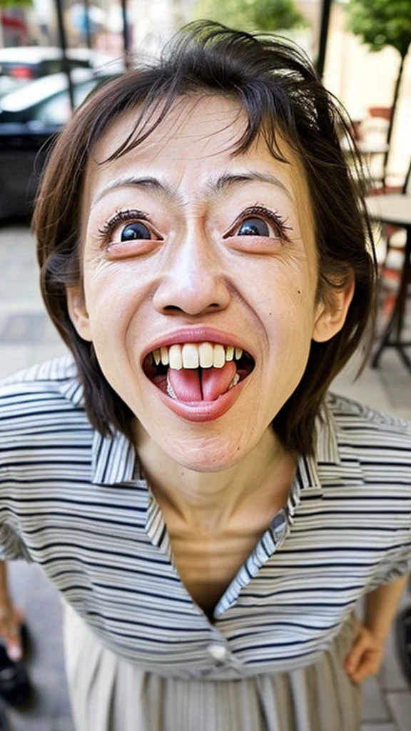 Eyes bulging out, googly eyes, big eyes, big nostrils, upturned nostrils, skinny, skinny, Japanese, old woman, outside the cafe, ugly, crooked teeth