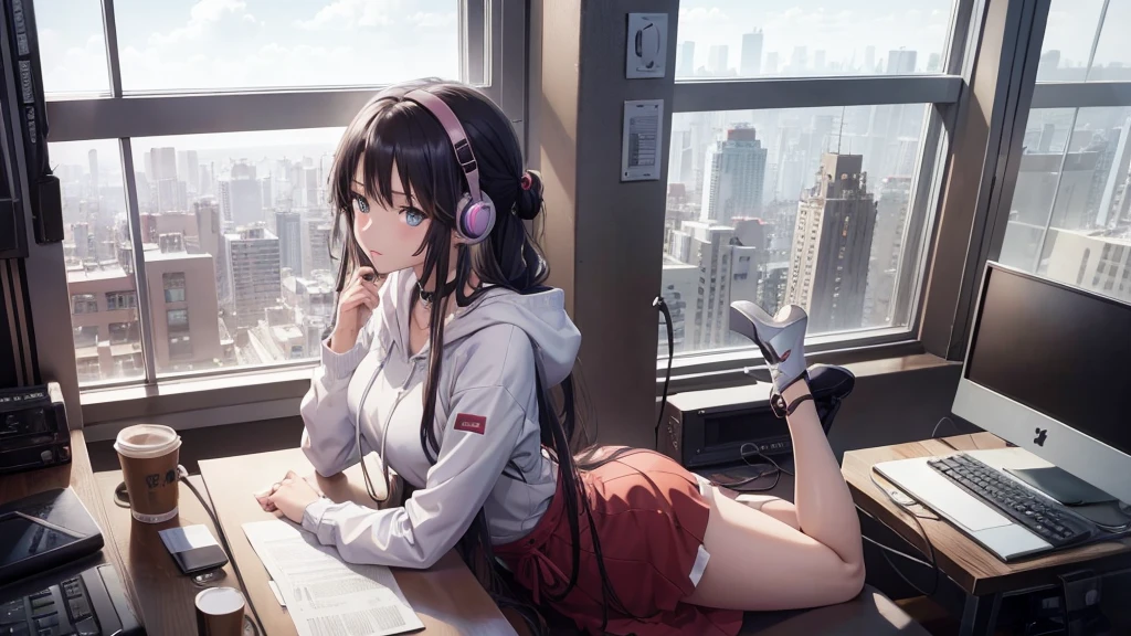 Absurd, Ultra-high resolution, (Official Art, beautifully、mysterious:1.2), Anime Art Wallpaper, 8K, Works by Makoto Xin Haicheng, Lofi Art Style, Correct human body composition, Striking eyes, Oversized hoodie and short skirt, Shiny long black hair, Larger than average bust, Girl listening to music with headphones, Looking out the window, Coffee on the desk, lo-fi girl, Anime atmosphere, Anime Aesthetics, Lo-fi feel, City Room, Teenage Girl's Room, A room for music lovers, city view from the window, Impressive cityscape, Bright Sky