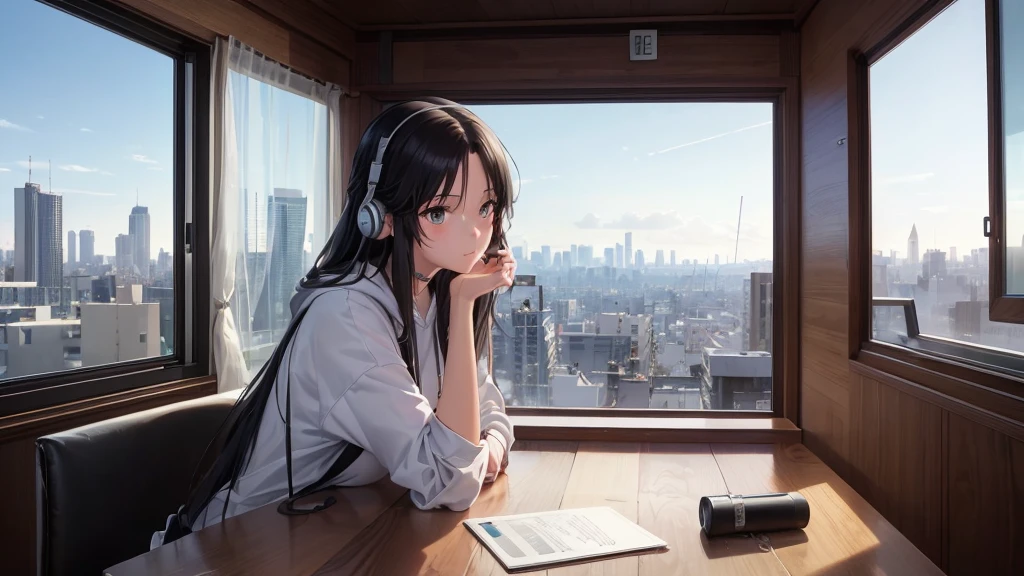 Absurd, Ultra-high resolution, (Official Art, beautifully、mysterious:1.2), Anime Art Wallpaper, 8K, Works by Makoto Xin Haicheng, Lofi Art Style, Correct human body composition, Striking eyes, Oversized hoodie and short skirt, Shiny long black hair, Larger than average bust, Girl listening to music with headphones, Looking out the window, Coffee on the desk, lo-fi girl, Anime atmosphere, Anime Aesthetics, Lo-fi feel, City Room, Teenage Girl's Room, A room for music lovers, city view from the window, Impressive cityscape, Bright Sky