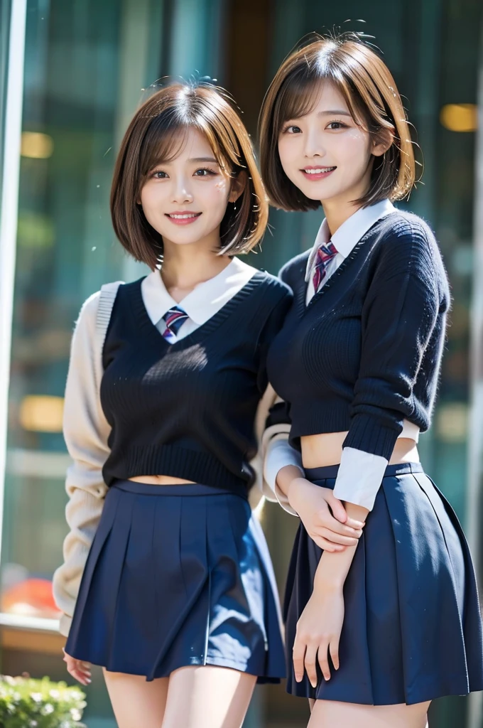 Three Beauties,mini skirt,Wearing a uniform,smile,mini skirt