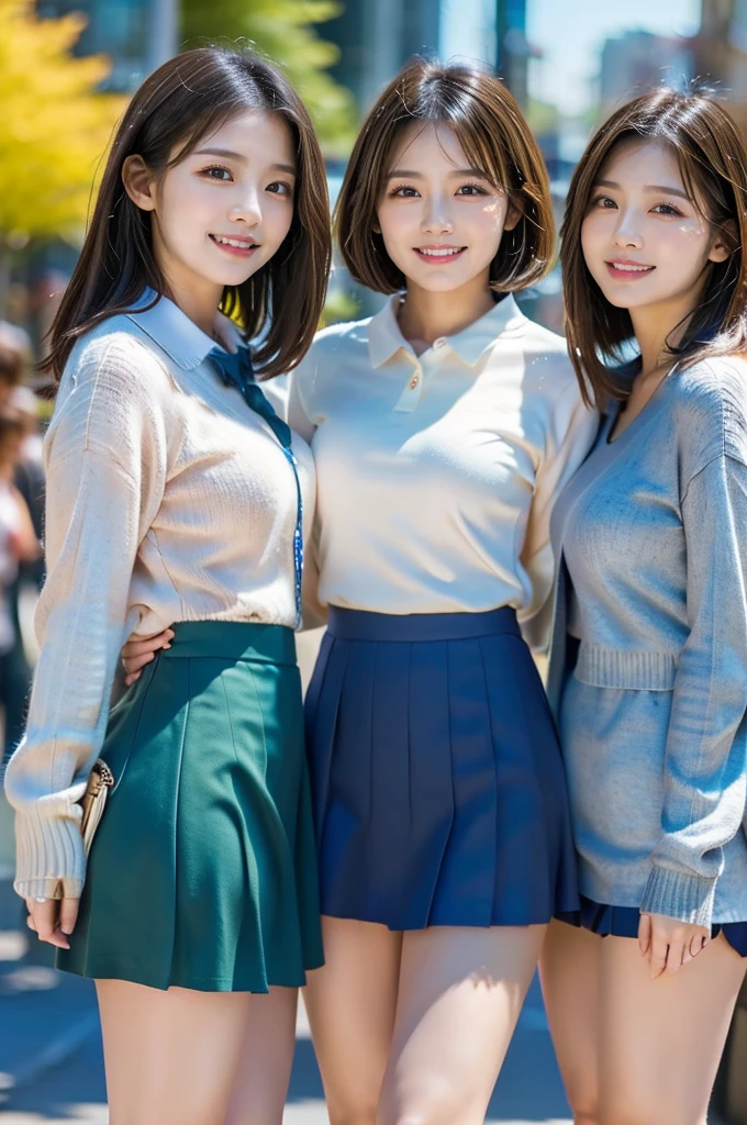 Three Beauties,mini skirt,Wearing a uniform,smile,mini skirt