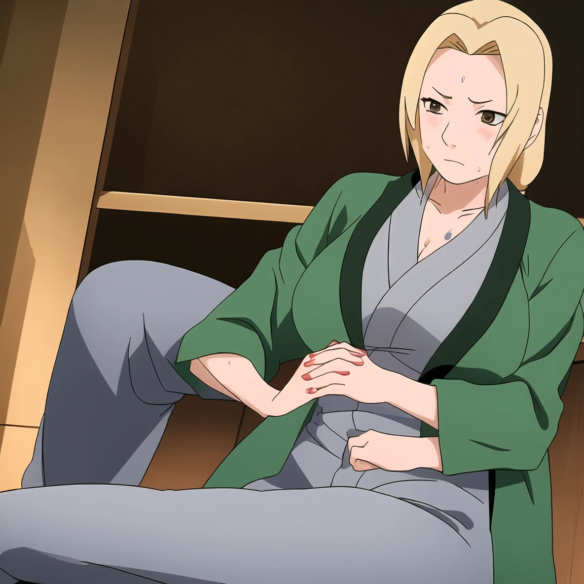 Tsunade, Blonde hair, Huge breasts, Mature female, Blue pants, Green coat, Chest bandage (masterpiece:1.2, best quality:1.2, beautiful, high quality, high resolution:1.1, Aesthetic), detailed, extremely detailed, ambient soft lighting, 4K, Perfect lighting(indoor,Lying in bed,indoor,)),(at the hotel,nervous,)),((blush,Uncomfortable expression,)),((blush,特别blush,nervous,Sweating,Sweating,)),(Sexy pose),(blush,Sweating,Kneel down,Kneel down,)