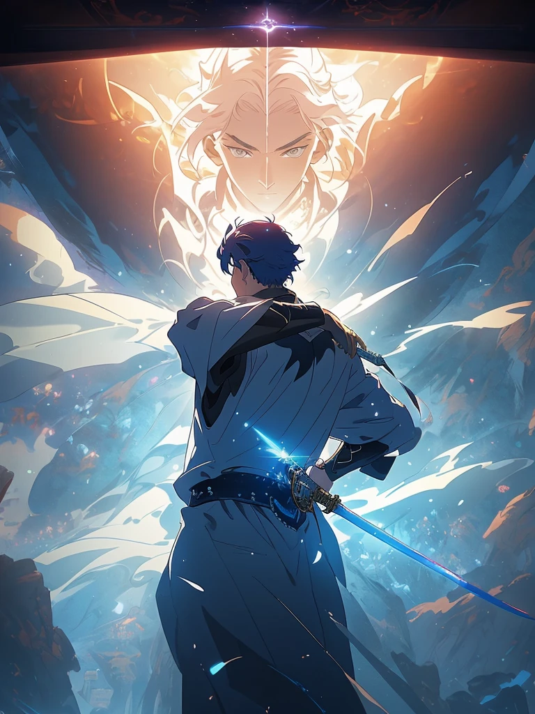 Photo of a man holding a sword, taken from the side of a computer screen, Sword and Wand - Water, Guweiz style artwork, Handsome guy in the art of slaying demons, makoto shinkai cyril rolando, 4k anime wallpapers, author:Hero, Anime art wallpaper 4k, Anime art wallpaper 4k, Anime wallpaper 4k
