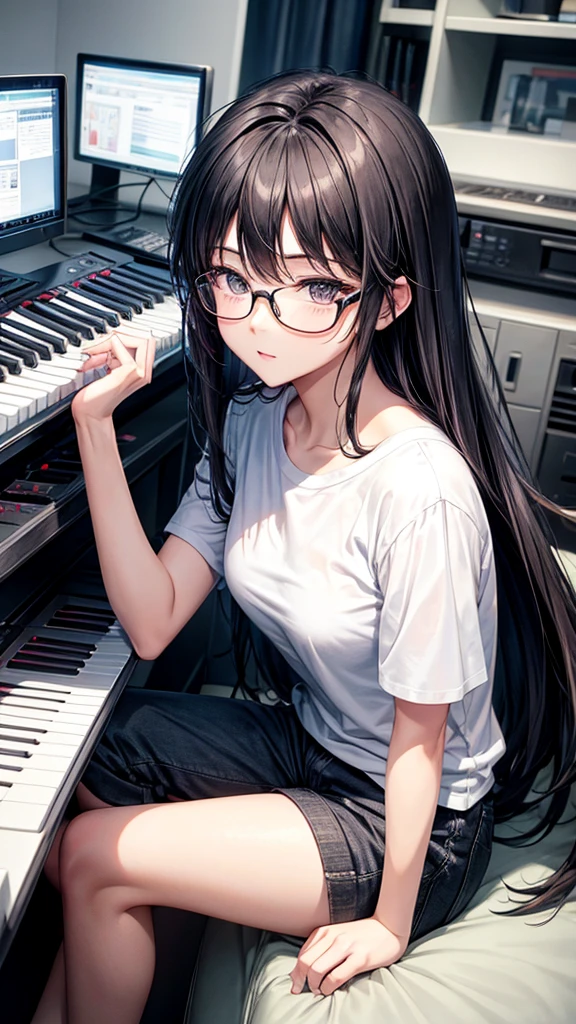 play keyboard、Plain white T-shirt、Wolf Hair、Black trousers、Glasses、woman