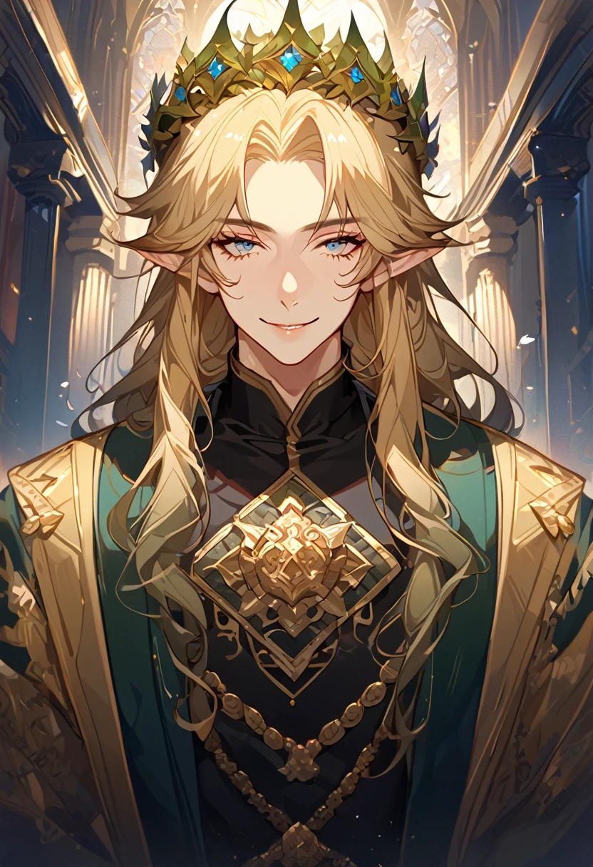 masterpiece, best quality, 8k ,4k , 1male, elf King, Golden Blond, Blue greenish eyes, gold wreath crown, hair ornament, long hair, finely detailed eyes and detailed face, looking at viewer, black sleeveless, half robe, patterned clothes, gold embroidery clothes, meticulous clothes, mature clothe, majestic looks, smiling gently, small bird, full body, inspired by Asukaziye artist : ask, art style : ask