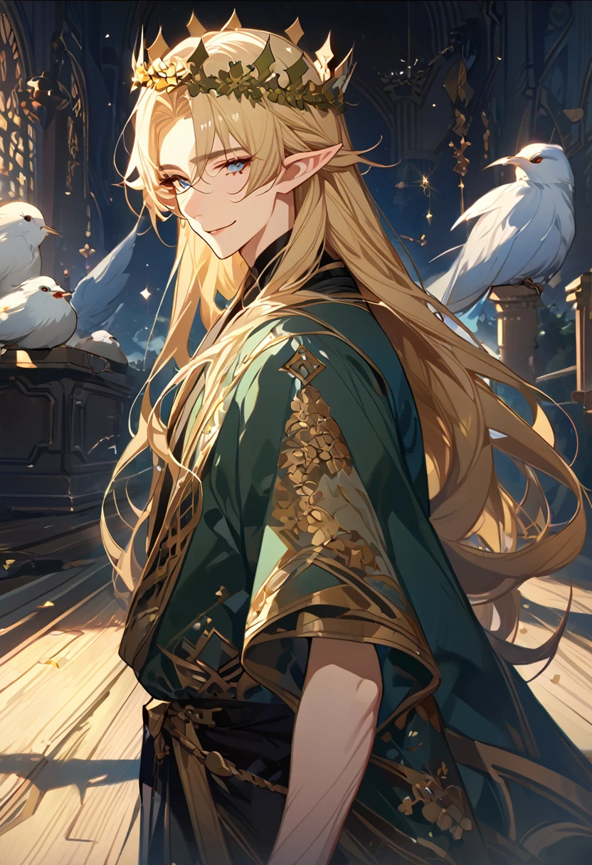 masterpiece, best quality, 8k ,4k , 1male, elf King, Golden Blond, Blue greenish eyes, gold wreath crown, hair ornament, long hair, finely detailed eyes and detailed face, looking at viewer, black sleeveless, half robe, patterned clothes, gold embroidery clothes, meticulous clothes, mature clothe, majestic looks, smiling gently, small bird, full body, inspired by Asukaziye artist : ask, art style : ask