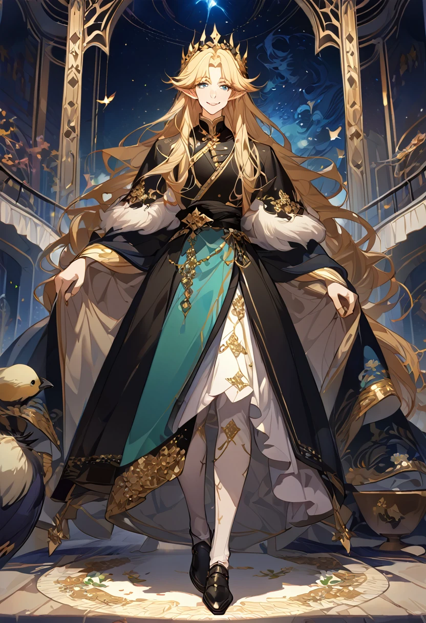 masterpiece, best quality, 8k ,4k , 1male, elf King, Golden Blond, Blue greenish eyes, gold wreath crown, hair ornament, long hair, finely detailed eyes and detailed face, looking at viewer, black sleeveless, half robe, patterned clothes, gold embroidery clothes, meticulous clothes, mature clothe, majestic looks, smiling gently, small bird, full body, inspired by Asukaziye artist : ask, art style : ask