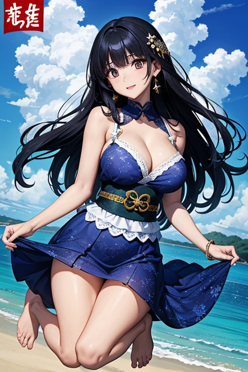 (Highest quality、masterpiece、High resolution、8K)、Vibrant colors、1 Female、Long black hair、Miho no Matsubara、Old Japan、Hagoromo Legend、whole body、barefoot、Beautiful woman in white lace dress jumps high、Official Art、The background is the sea、blue sky、Wide sandy beach、Large pine forest、