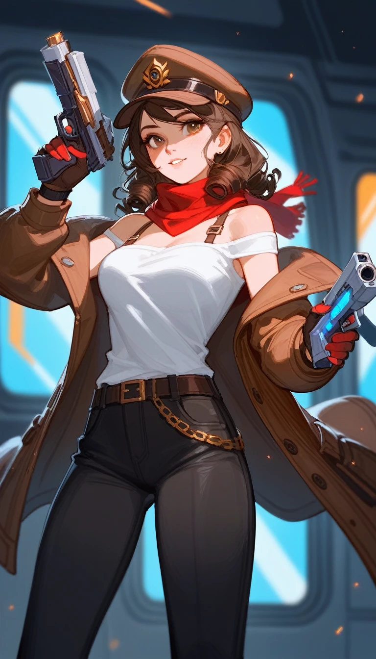 (Fraction_9,Fraction_8_Direction_7_up),(1个female人),female,hat,Off-shoulder,scarf,curls,White clothes,Brown coat,Black pants,Holding a gun, doom , League of Legends Characters, 英雄联盟Style Art, Style Art, Artjem and Louis van Baarle, Character ink art