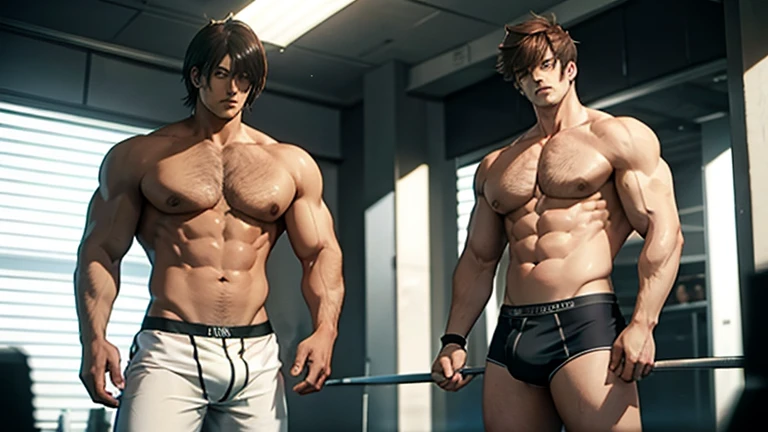 Masterpiece, Best quality, Korean mans, gym background, muscle body, Natural eyes, large bulge, short detailed hair, Sexy guys, looking at viewert, top less, Black briefs, Triangle men's underwear, a little, standing, musculature