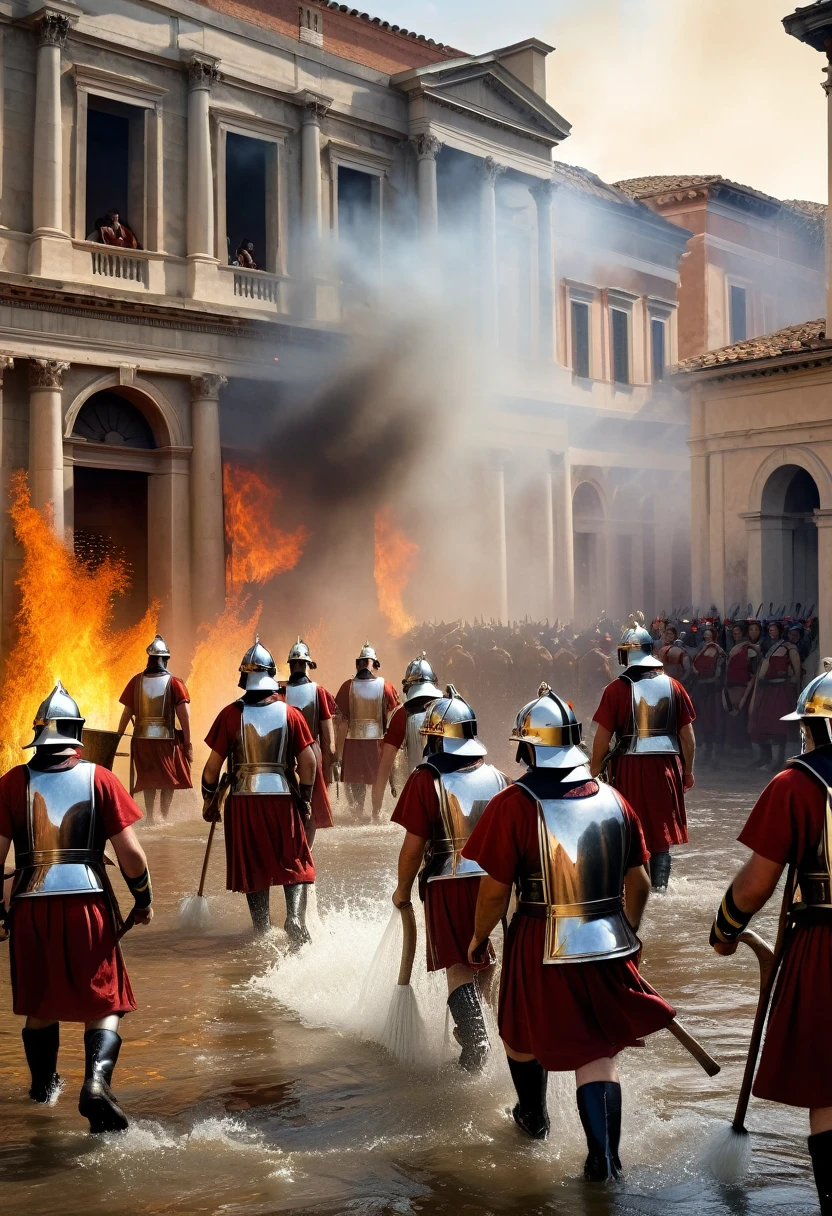 "A detailed image of Marcus Crassus's personal brigade of firefighters, dressed in ancient Roman attire and laurel wreaths, passing buckets of water to extinguish a burning building. The scene captures the teamwork of the firefighters in a bucket brigade, with Crassus in the background, overseeing their efforts with a confident expression. The backdrop includes Roman-style architecture and the blazing fire they are combating."
Size: "1024x1024"

