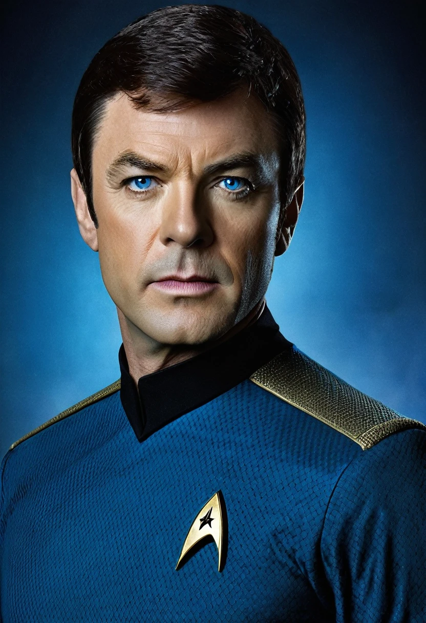 A portrait of "Star Trek's" Leonard "Bones" McCoy whose facial features are a combo of Karl Urban + DeForest Kelly. McCoy wears his TOS Starfleet uniform consisting of a blue shirt and black pants and black boots. "Star Trek" setting. Symmetrical eyes. Symmetrical face. Great details. Photorealistic. Full-colored photo. Professional photo. Highly detailed 8K.