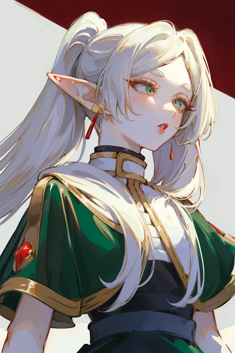Standing with upper body, Honey, solitary, White skin, Long gray hair, Double ponytail hairstyle, (Elf ears), Green Eyes, Like a gem, earrings, Red Eyeshadow, Red lips, Black Magic Dress, careful, Fake laugh, masterpiece, high quality