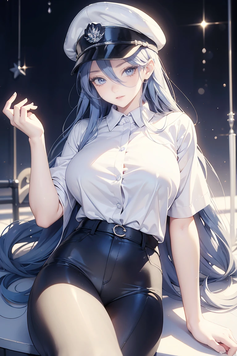 (masterpiece), best quality, seductive eyes, mature woman, blue eyes, long blue hair, long eyelashes, white shirt, black pants, peaked cap, big breast, anime cover, 1girl