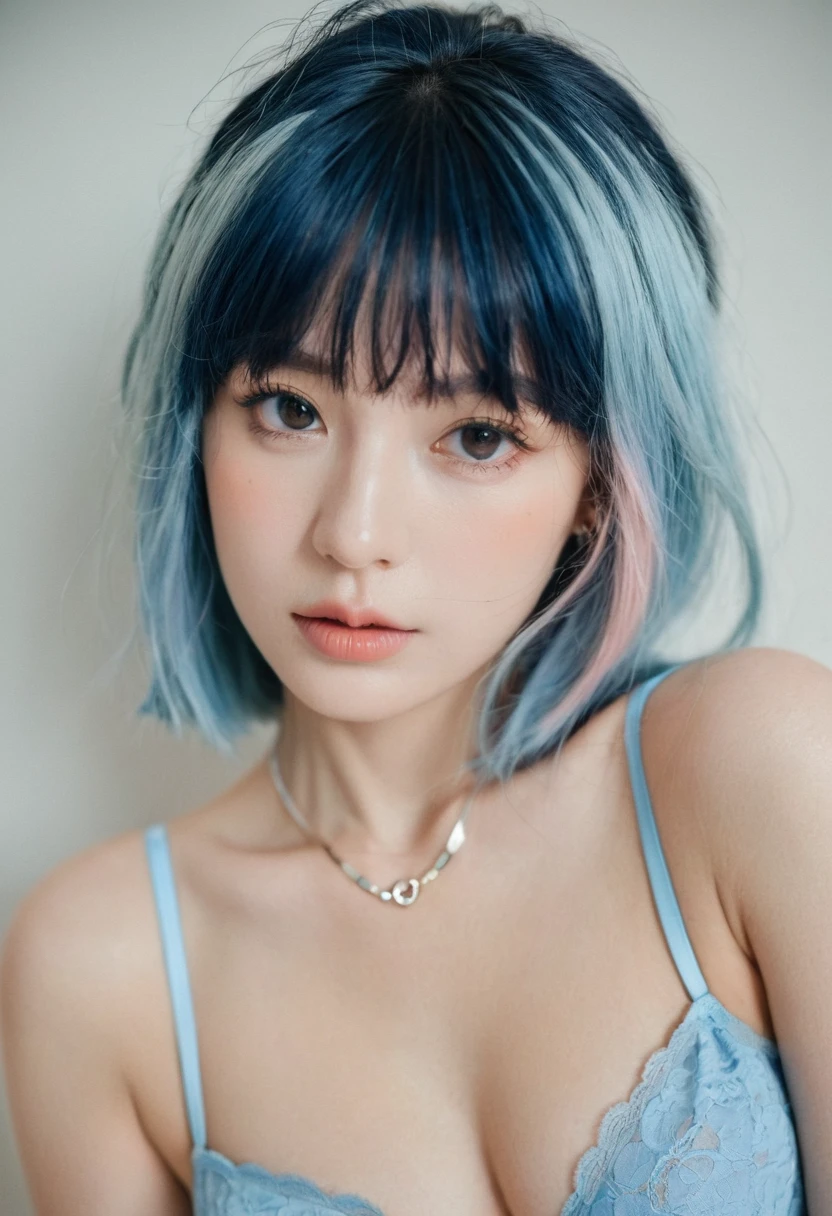 in the room, underwear, blush, Focus on the face, Bangs, Hair ring, Blue Hair