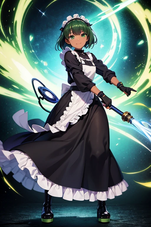 Anime Art、Full body portrait、Future SF warrior、A dark-skinned woman, about 160cm tall, around 19 years old, wearing a black long-sleeved shirt, black maxi skirt and white frilly apron, brandishing a shiny beam Bullwhip in her hand、Large gloves、A strong smile、Hairstyle: Short hair、Dark green hair、Green Eyes、Platform boots、Flat chest、Wearing a frilly headband on her head