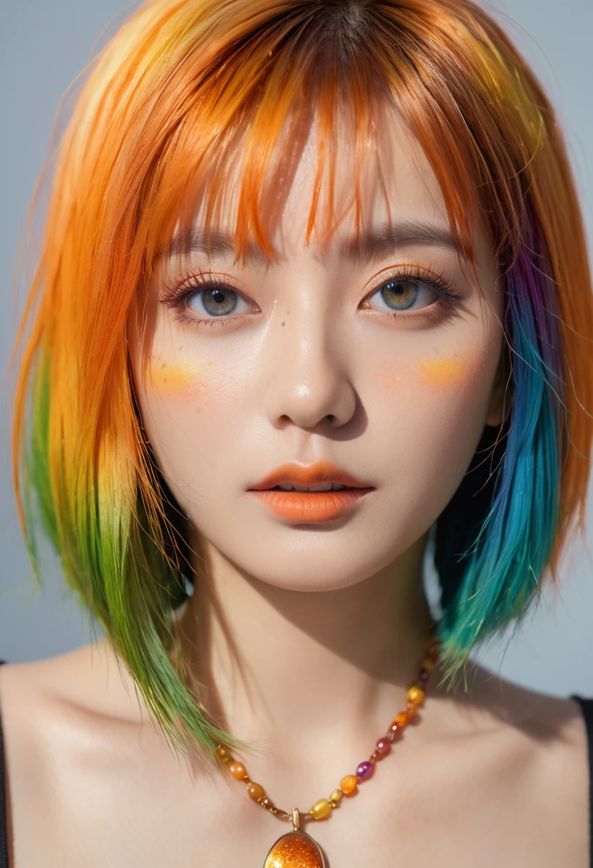 Colorful hair, Gradient hair, carrot hair ornament, Moles under the eyes, Amber eyes, High Detail, Realism, Surrealism, modern Art, light, spark, Wide-angle lens, F/1.2, best quality, The award-winning, 8K, Super Detail, Ultra HD