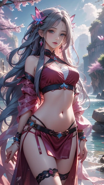 8K, Ultra HD, masterpiece, HD color, 1 girl, Perfect face, Very long curly hair, Delicate eyes, Simple clothes, ((Magenta clothing)), Socks, ((cryzada belly lace)), sardine, Shoulder Straps, Netsuit, cycle, jewelry, Waterside, Realistic scenery, Epic Landscapes, Sun rise, night, cloud, Butterfly, Cherry blossoms, Blowing, Perfect posture,