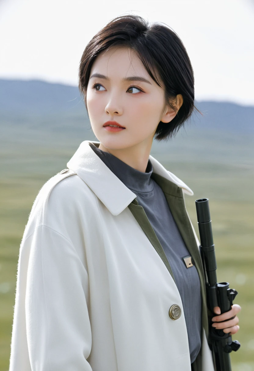 Ringworld,Science fiction,Sci-fi movies,artillery,Long-range missiles,Adapted from《base》 ,Miss,aldult,main character,28 years old,Hopeful faces,Brown eyes,Short hairstyle,Black hair with white and gray,Home,White Researcher Coat,Open grassland,Rebellious,confusion的,future world,Socialist World,snow,confusion