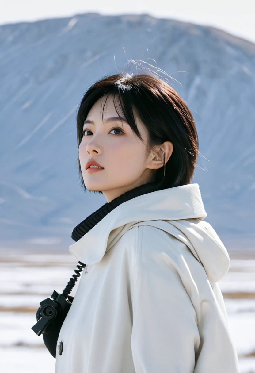 Ringworld,Science fiction,Sci-fi movies,artillery,Long-range missiles,Adapted from《base》 ,Miss,aldult,main character,28 years old,Hopeful faces,Brown eyes,Short hairstyle,Black hair with white and gray,Home,White Researcher Coat,Open grassland,Rebellious,confusion的,future world,Socialist World,snow,confusion