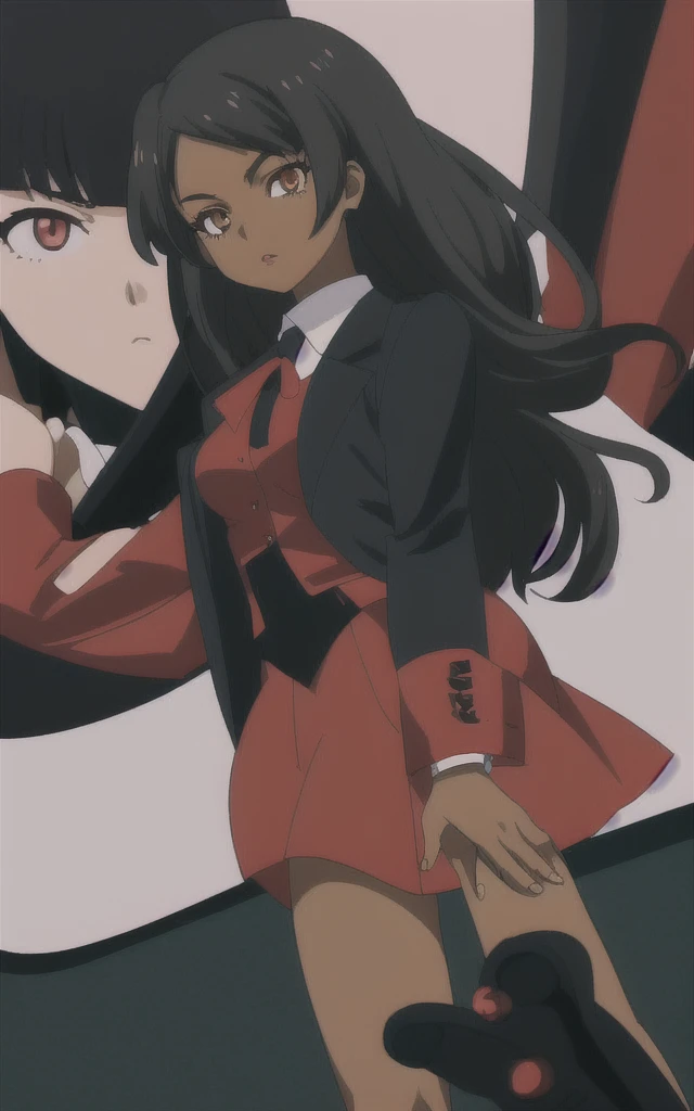 90s anime  black skinned business girl  in a red blazer skirt suit with a blouse underneath 