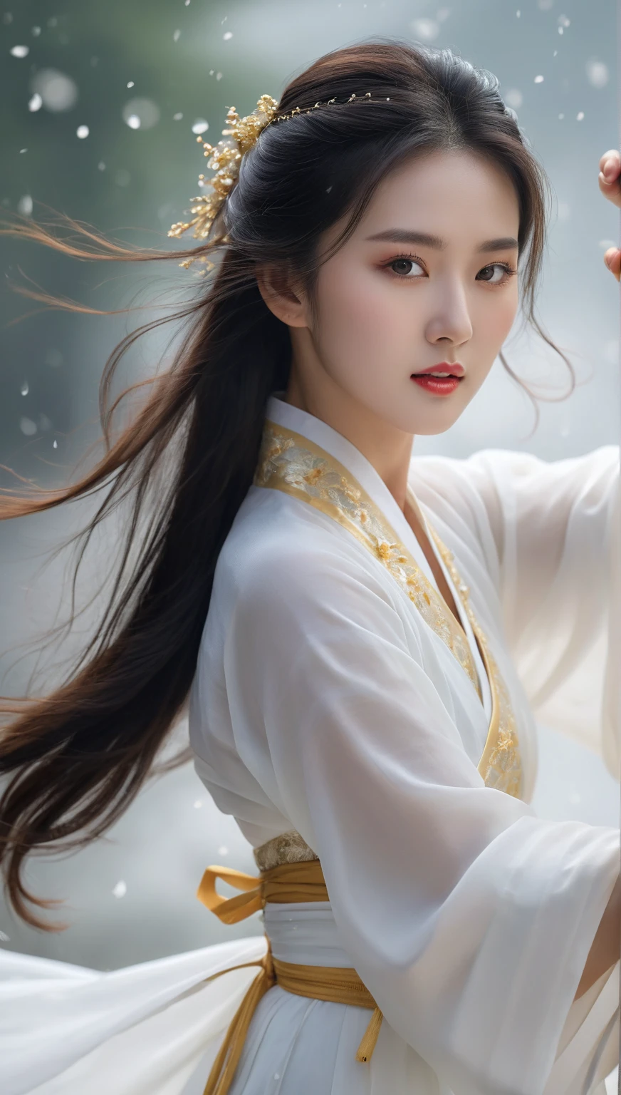 beautiful Korean woman, (((Mikamaria))), (motion blur:1.3), abnormally stunning beautiful face, black and white close-up,woman in intricate pure white hanbok dress, Flying in the air like a Chinese movie ,spinning frantically, translucent tingling air particles on dress hem, In her hand is a golden ancient Chinese sword,in ancient china, professional fashion photography,UHD, 4k, 8k