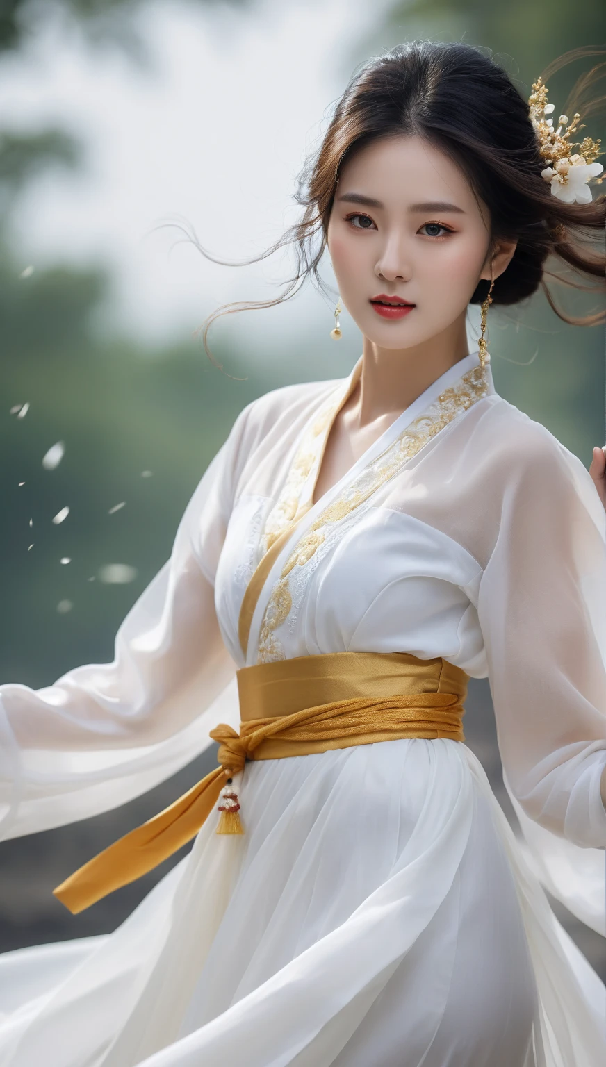 beautiful Korean woman, (((Mikamaria))), (motion blur:1.3), abnormally stunning beautiful face, black and white close-up,woman in intricate pure white hanbok dress, Flying in the air like a Chinese movie ,spinning frantically, translucent tingling air particles on dress hem, In her hand is a golden ancient Chinese sword,in ancient china, professional fashion photography,UHD, 4k, 8k