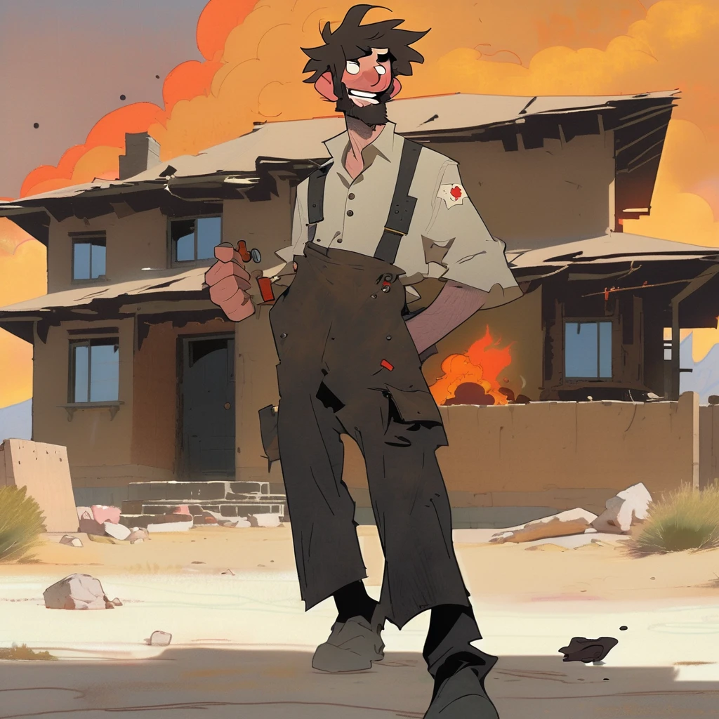 1man, Western, black wavy Messy hair, burnt hair, Leather apron, White button-down shirt, black pants patched, Failed beard, young adult, Thin, full body, Holding a Dynamite bomb, outside a house in the desert, Dirty with soot, Laughing, explosives, dynamite, Hunchback, Poorly groomed beard, failed beard