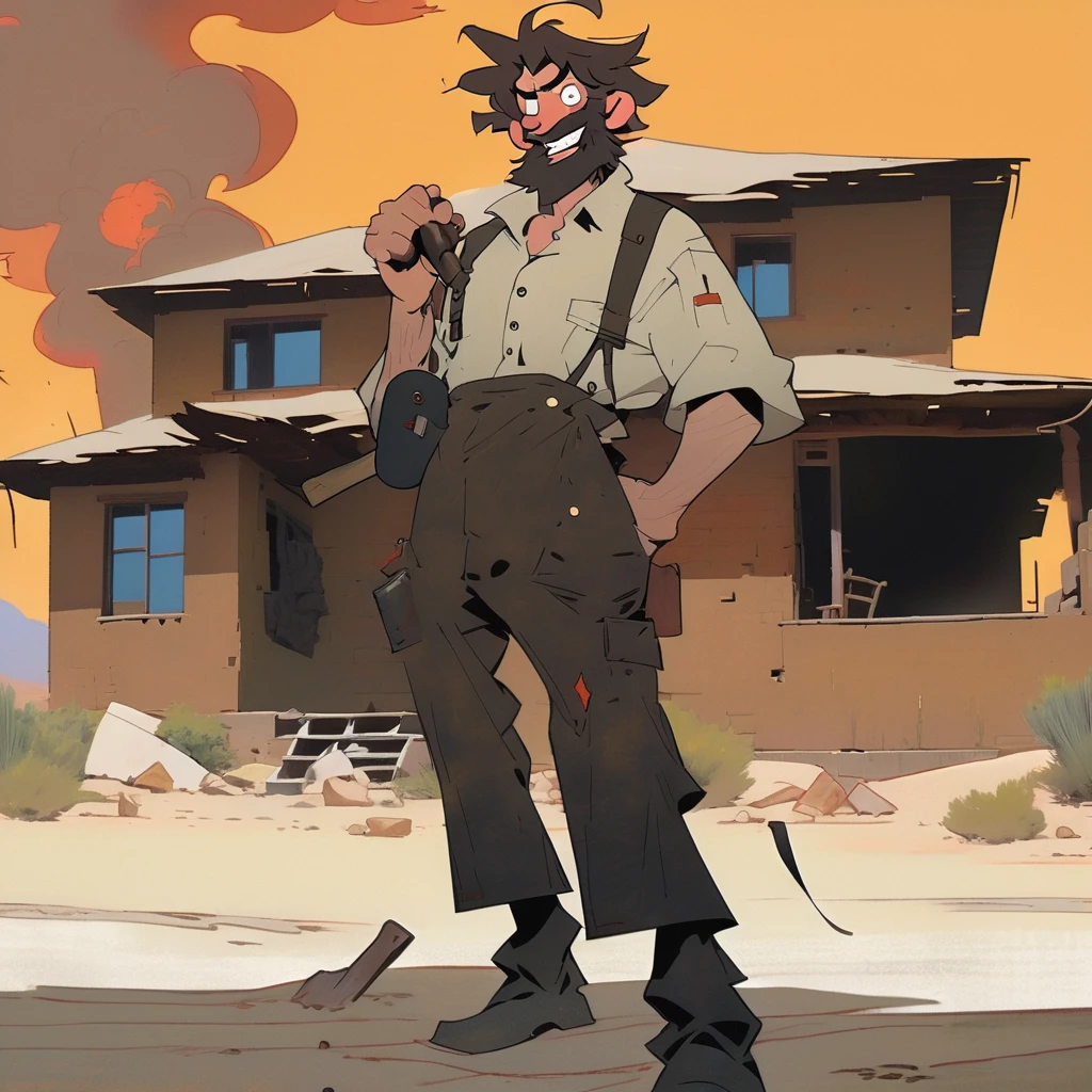 1man, Western, black wavy Messy hair, burnt hair, Leather apron, White button-down shirt, black pants patched, Failed beard, young adult, Thin, full body, Holding a Dynamite bomb, outside a house in the desert, Dirty with soot, Laughing, explosives, dynamite, Hunchback, Poorly groomed beard, failed beard