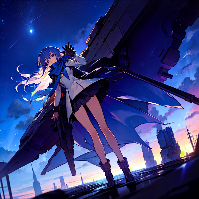 masterpiece, best quality, 4K, Mecha, starry Sky, Sky, Star(Sky), cape, scarf, Long legs, Long hair, White hair, Cyberpunk, Depth of Field, Blurred background,