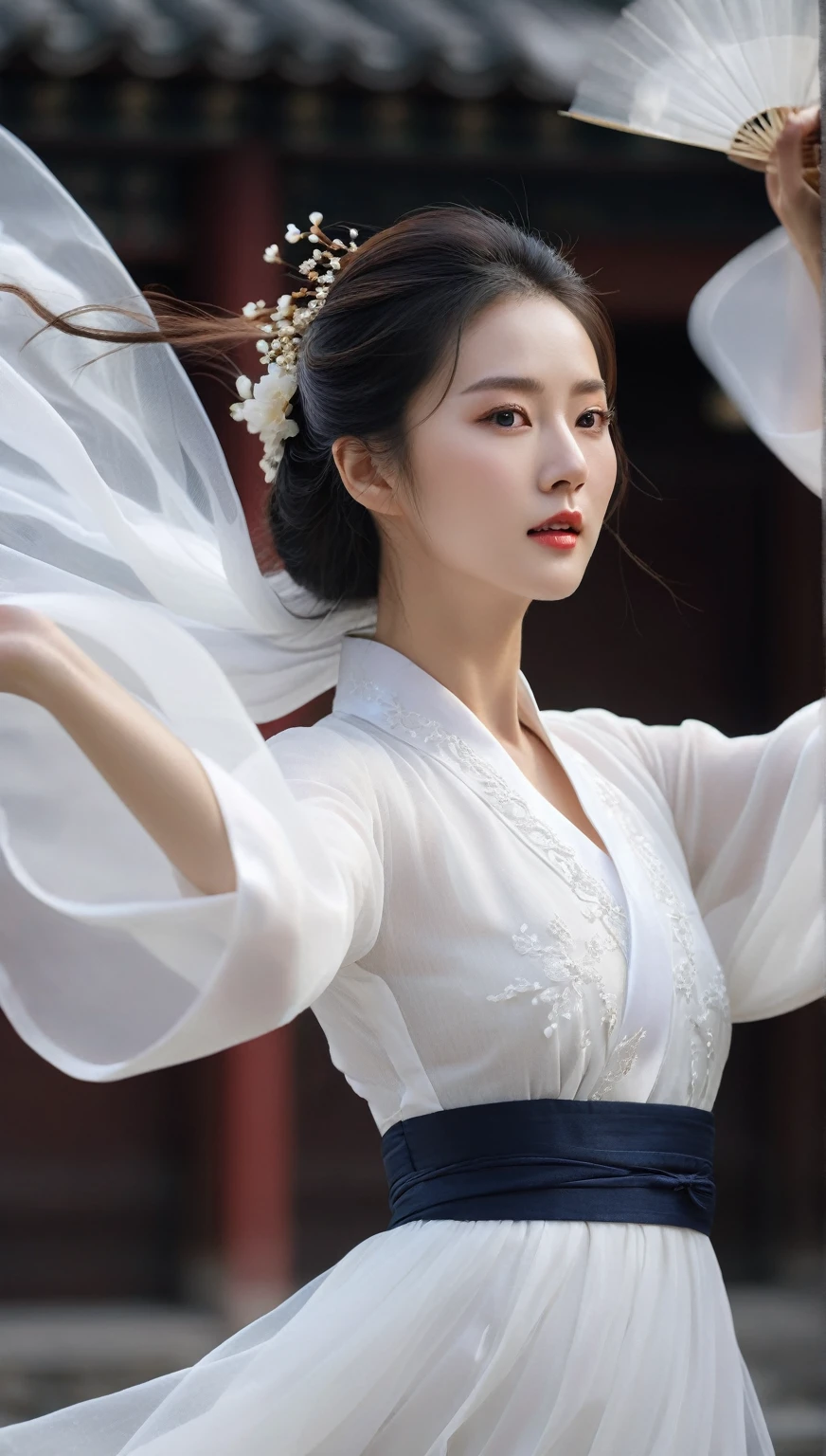 beautiful Korean woman, (((Mikamaria))), (motion blur:1.3), abnormally stunning beautiful face, black and white close-up,woman in intricate pure white hanbok dress, Flying in the air like a Chinese movie ,spinning frantically, translucent tingling air particles on dress hem, in ancient china, professional fashion photography,UHD, 4k, 8k