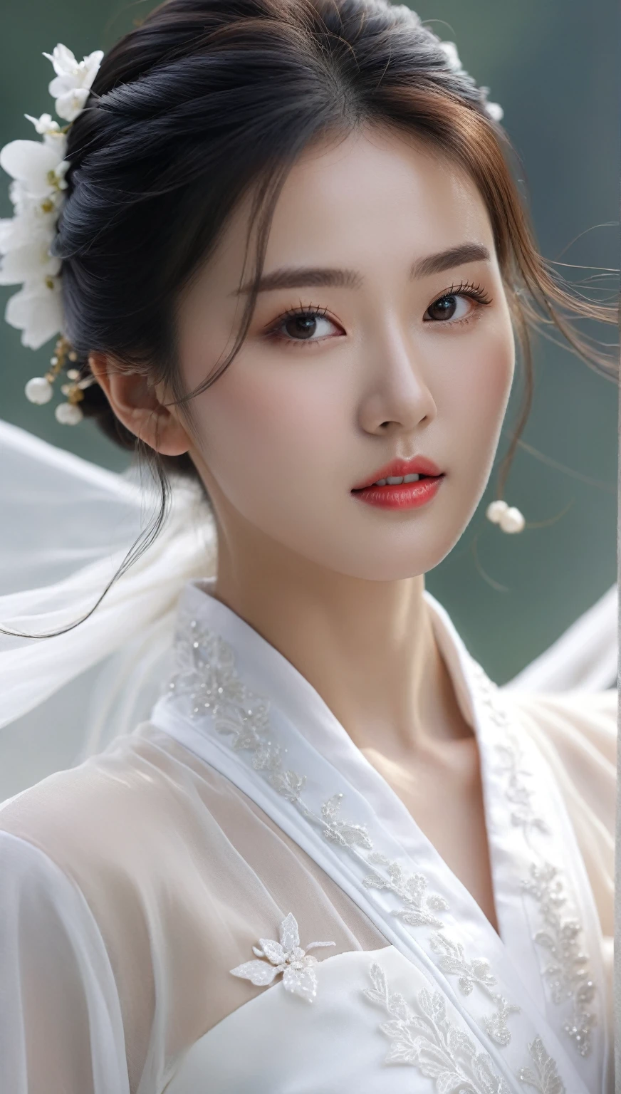 beautiful Korean woman, (((Mikamaria))), (motion blur:1.3), abnormally stunning beautiful face, black and white close-up,woman in intricate pure white hanbok dress, Flying in the air like a Chinese movie ,spinning frantically, translucent tingling air particles on dress hem, in ancient china, professional fashion photography,UHD, 4k, 8k