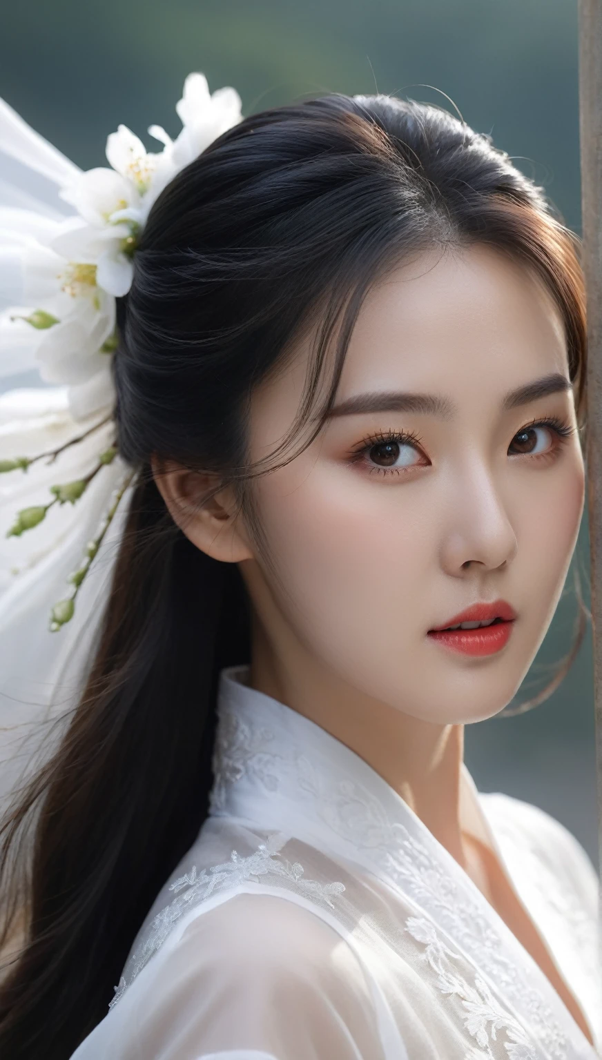 beautiful Korean woman, (((Mikamaria))), (motion blur:1.3), abnormally stunning beautiful face, black and white close-up,woman in intricate pure white hanbok dress, Flying in the air like a Chinese movie ,spinning frantically, translucent tingling air particles on dress hem, in ancient china, professional fashion photography,UHD, 4k, 8k