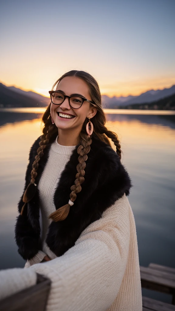 1 girl, blush,  Closed mouth, earrings, parts, gradient, jewelry, wide, long sleeves, looking at the viewer, Alone, twin braids, Upper part of the body, Black frame glasses, seductive smile, wind, by the floating, wavy fur, light smile, from behind, Back, 
Masterpiece, Best Quality, intricate details,sunset, 
a wooden dock leading to a lake with a mountain in the Background at sunset or dawn with clouds in the sky,  lake, a picture, neo-romanticismvvWhite skin
1 girl, blush,  Closed mouth, earrings, parts, gradient, jewelry, wide, long sleeves, looking at the viewer, Alone, twin braids, Upper part of the body, Black frame glasses, seductive smile, wind, by the floating, wavy fur, light smile, from behind, Back, 
Masterpiece, Best Quality, intricate details,sunset, 
a wooden dock leading to a lake with a mountain in the Background at sunset or dawn with clouds in the sky,  lake, a picture, neoromanticismWhite skinWhite skin