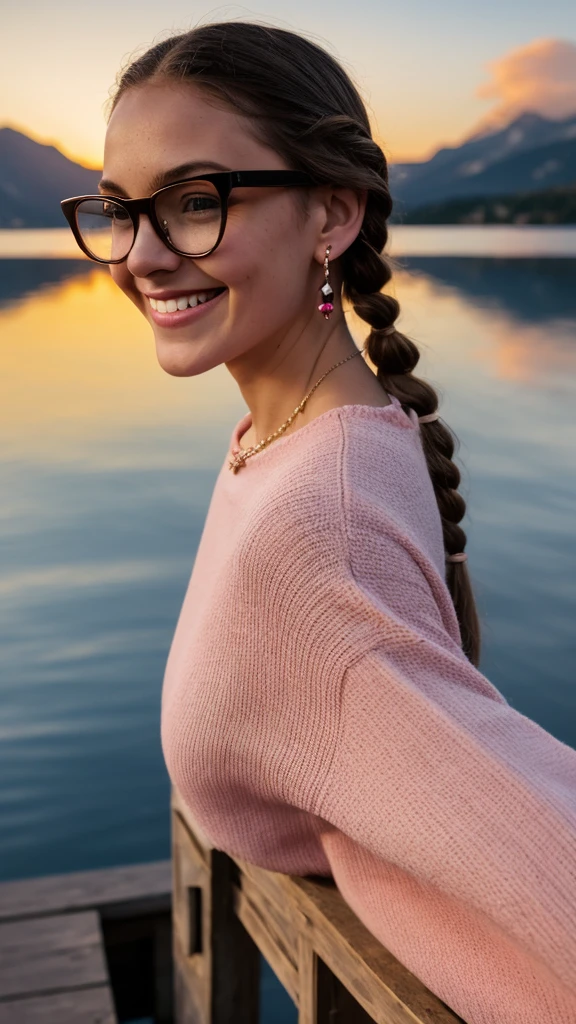 1 girl, blush, Closed mouth, earrings, parts, gradient, jewelry, wide, long sleeves, looking at the viewer, Alone, twin braids, Upper part of the body, Black frame glasses, seductive smile, wind, by the floating, wavy fur, light smile, from behind, Back,
Masterpiece, Best Quality, intricate details,sunset,
a wooden dock leading to a lake with a mountain in the Background at sunset or dawn with clouds in the sky, lake, a picture, neo-romanticismvvWhite skin
1 girl, blush, Closed mouth, earrings, parts, gradient, jewelry, wide, long sleeves, looking at the viewer, Alone, twin braids, Upper part of the body, Black frame glasses, seductive smile, wind, by the floating, wavy fur, light smile, from behind, Back,
Masterpiece, Best Quality, intricate details,sunset,
a wooden dock leading to a lake with a mountain in the Background at sunset or dawn with clouds in the sky, lake, a picture, neoromanticismWhite skinWhite skin
