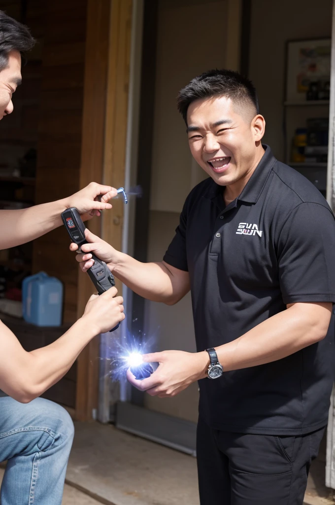A man with a big smile applies a stun gun to someone