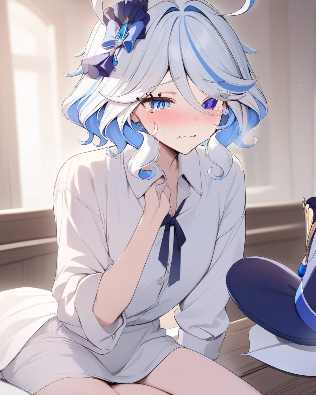 masterpiece,best quality, furina, crying, cute, genshin impact background