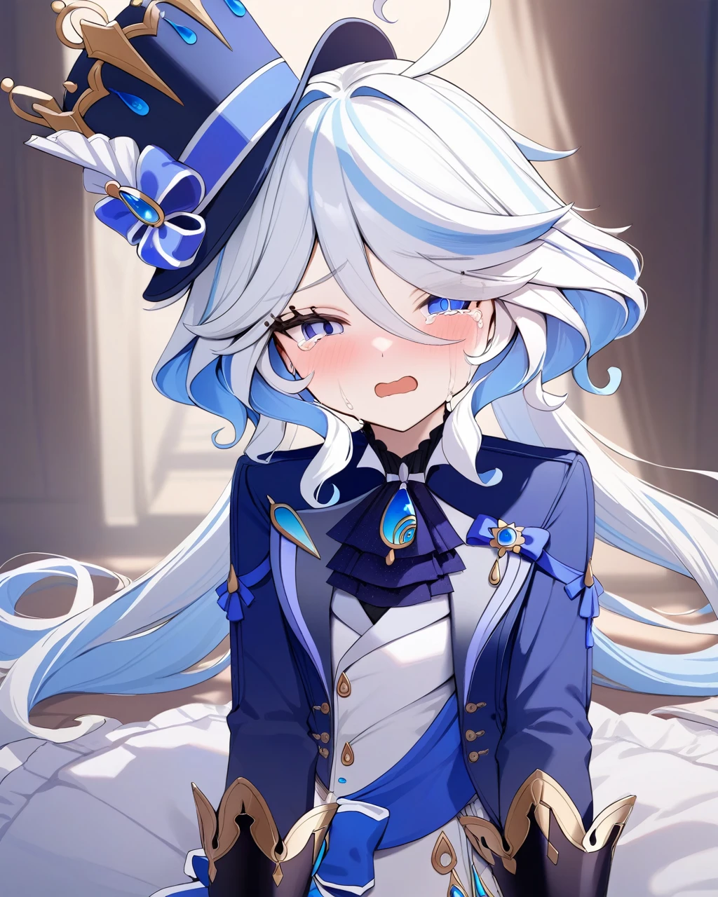 masterpiece,best quality, furina, crying, cute, genshin impact background