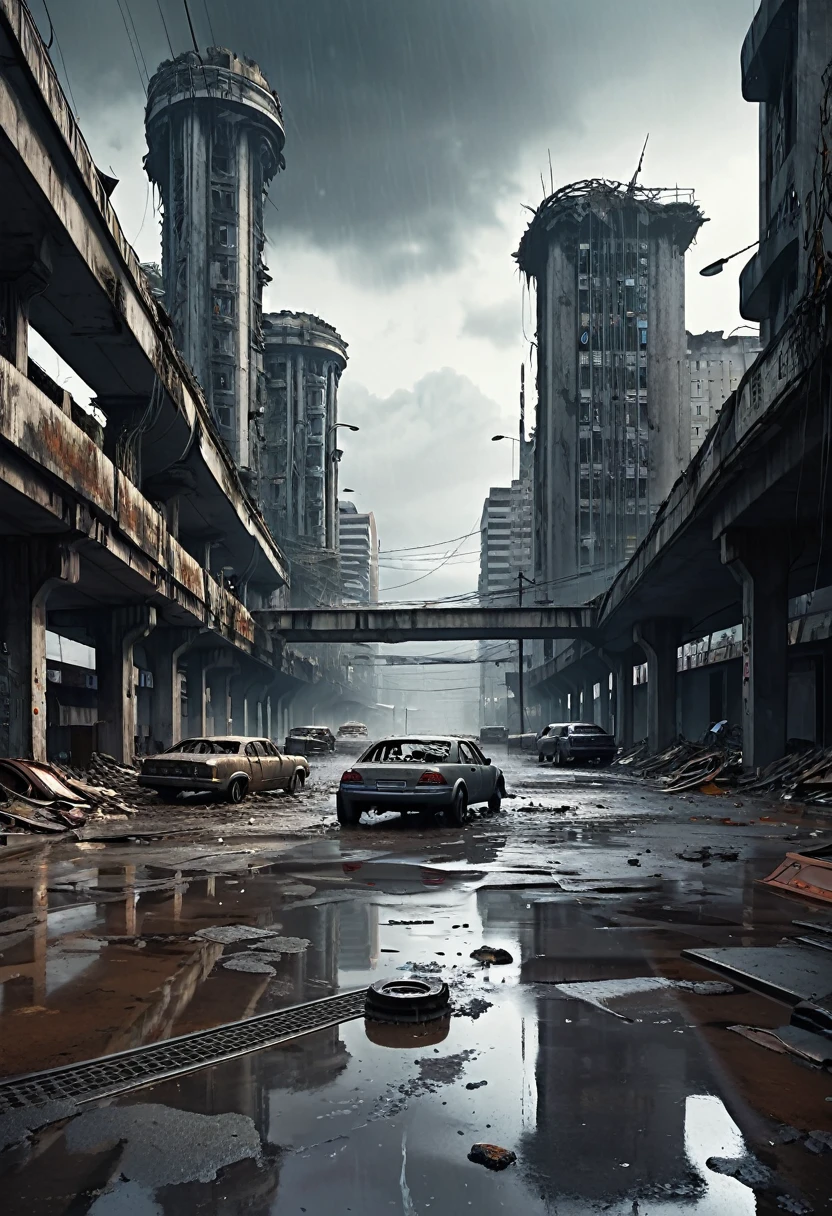 Image from the height of 200 meters a curved viaduct made of crumbling gray concrete supported by wide and tall pillars of cars passing over the center of a modern ultra futuristic abandoned city with crashed rusty abandoned rusty and dirty cars and buses standing upside down in the street, has dirty modern round and circular buildings in ruins and collapsing, cyberpunkstyle, gray environment, night sky, tenebrosa, natta, image with shades of gray, rain and puddles of water on the ground, Science fiction, Nuclear apocalypse with smoke from buildings, madmax style, urban scenery with poles with traffic lights turned off collapsing and wires from poles lying on the ground, there is a rusty chain link fence around the buildings, There are billboards and lights turned off and fallen from buildings, many buildings collapsing on the horizon, there are collapsed buildings, rubble and garbage in the streets, there is a girl dressed in dirty, torn clothes and wearing a hood walking down the street looking at the horizon, as realistic as possible, high qualiy, 4K, hyperdetailed