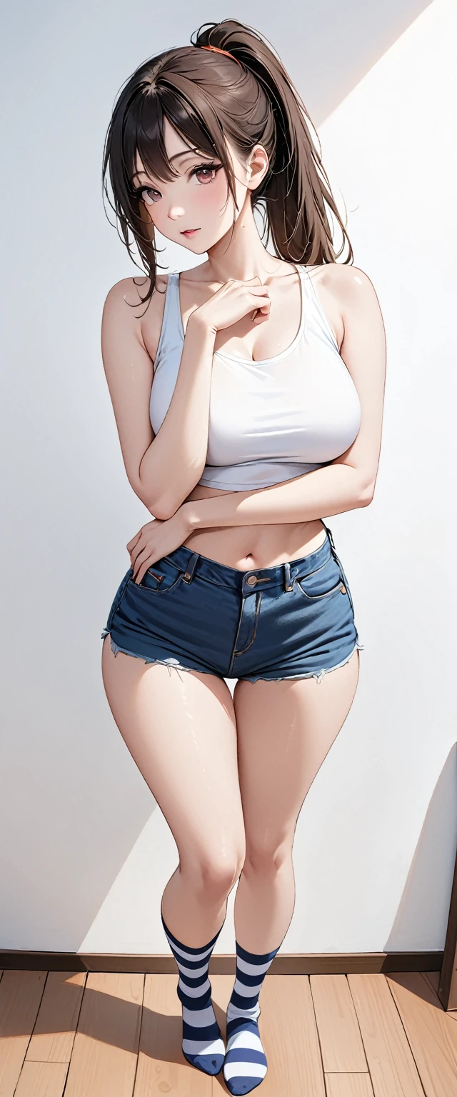 20 years old,1 mature woman,hyperrealistic, 8k, (extremely detailed 8k), (very delicate and beautiful), (masterpiece), (better quality:1.0), (ultra high resolution:1.0), (masterpiece, best quality),cute,black hair,ponytail,POV,full body,white background,realistic skin,Crop Top, Denim Shorts, Striped Knee Socks,,model posing
