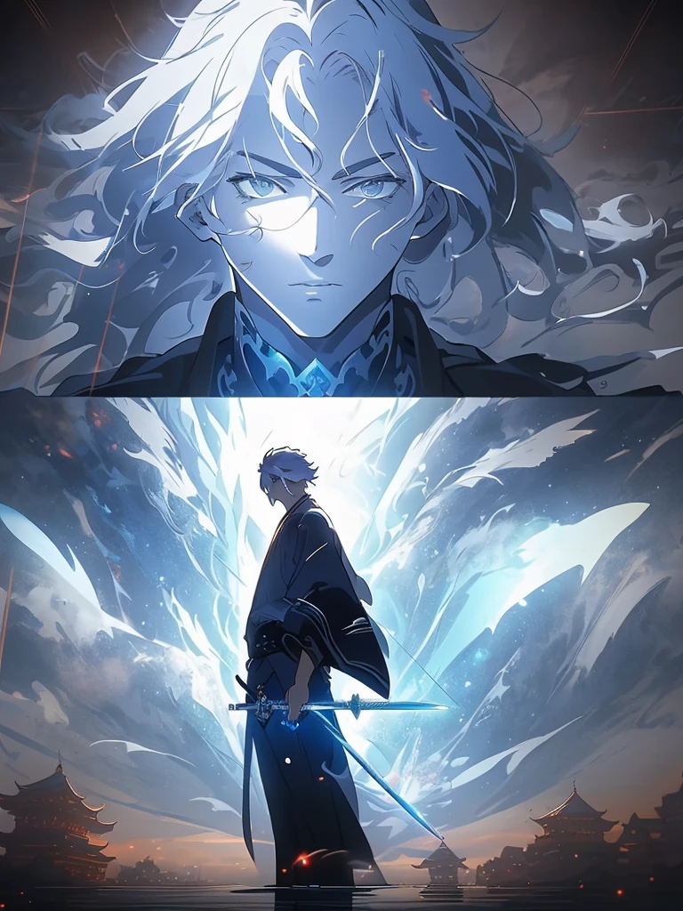 Photo of a man holding a sword, taken from the side of a computer screen, Sword and Wand - Water, Guweiz style artwork, Handsome guy in the art of slaying demons, makoto shinkai cyril rolando, 4k anime wallpapers, author:Hero, Anime art wallpaper 4k, Anime art wallpaper 4k, Anime wallpaper 4k